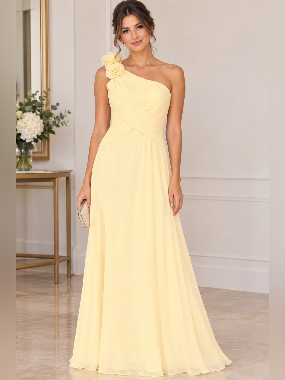 David's Bridal One-Shoulder Pale Yellow Chiffon Gown